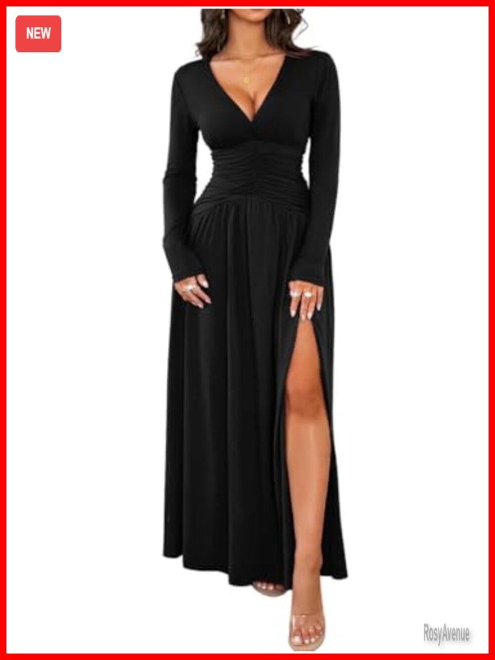 Long Sleeve Deep V Neck High Slit Maxi Dress Semi-Formal
